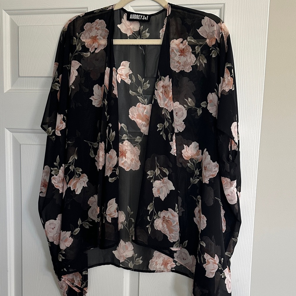 AUDREY 34 Black Sheer Floral Kimono with Blush Pink Roses